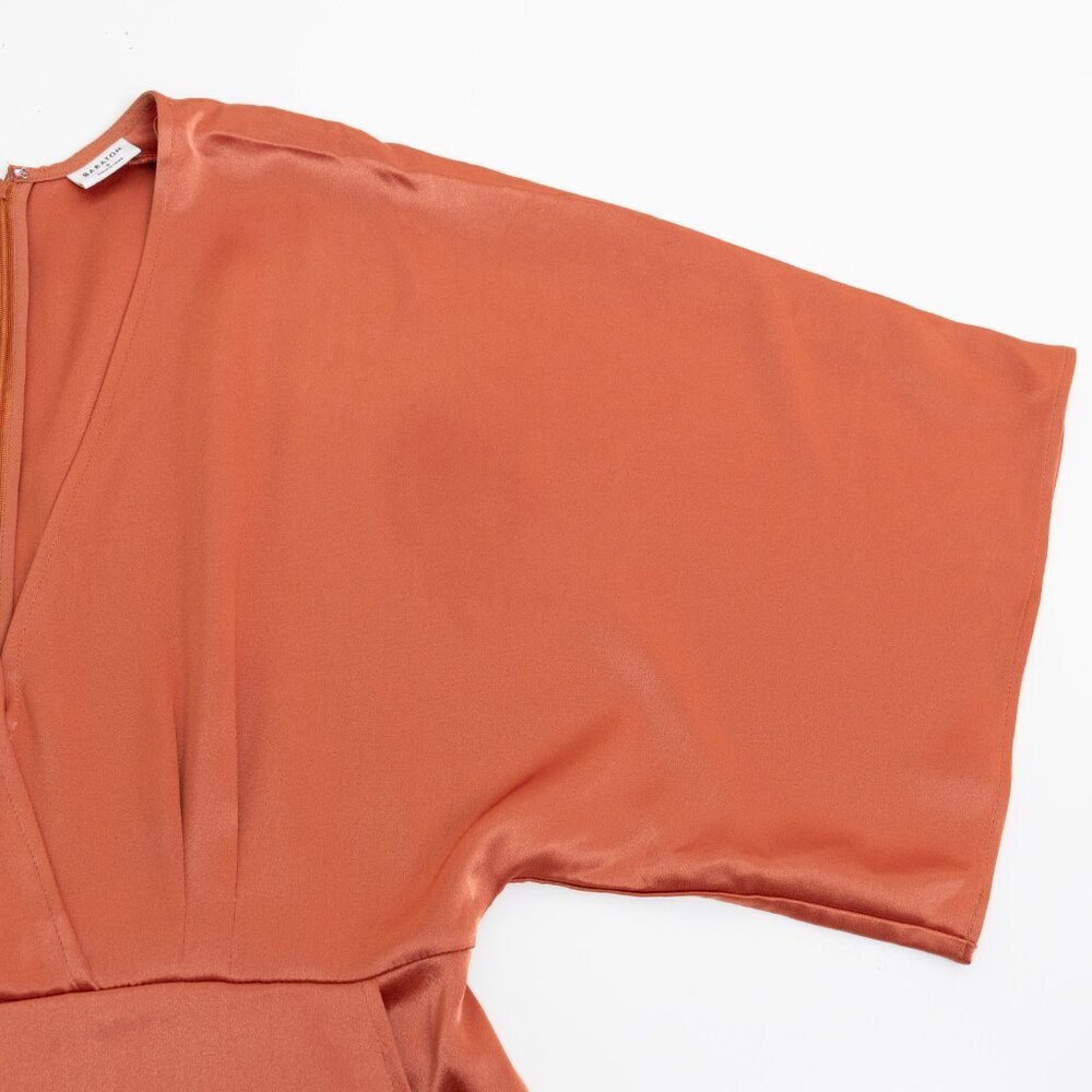 Aritzia Babaton Satin Dress Stanley Kimono Style Faux Wrap Burnt Orange  Copper - Picture 7 of 15